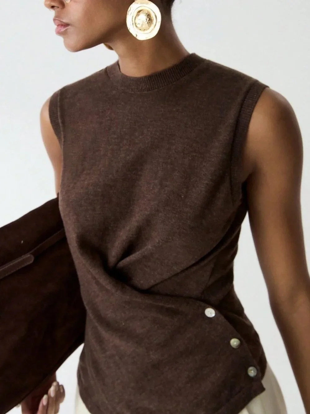 Coffee Brown Casual Women's Elegant Soft Pullover Side Button Knit Top
